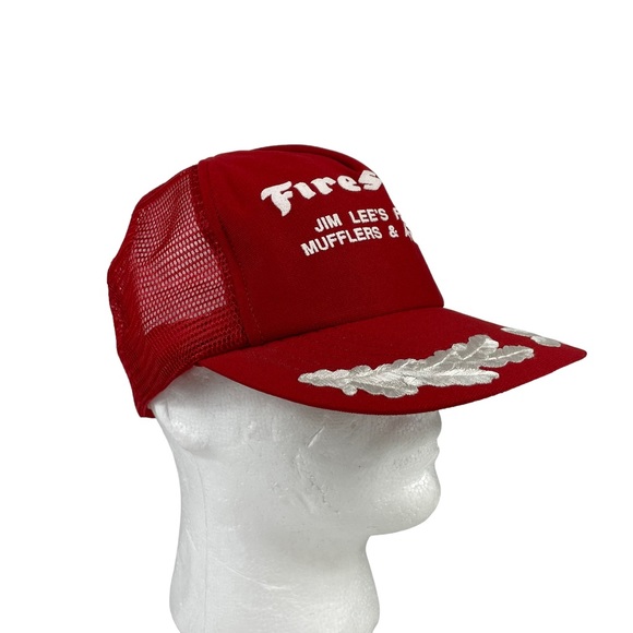 Vintage Firestone USA Made SnapBack Trucker Hat Embroidered Bill Red White Crisp - Picture 3 of 16